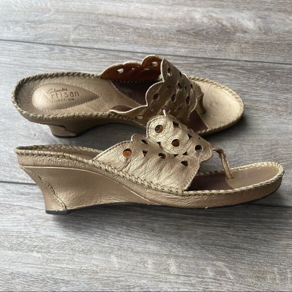 Clarks Artisan Perforated Leather Wedge  Sandals - Picture 8 of 15
